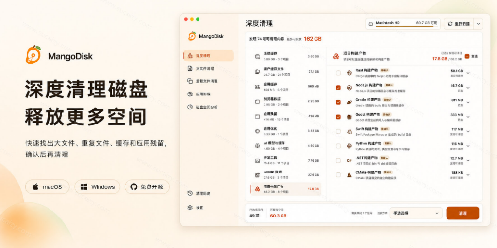 🎉GitHub 10万 Stars 大神新项目!MangoDisk 一键磁盘清理神器✨|福利之家